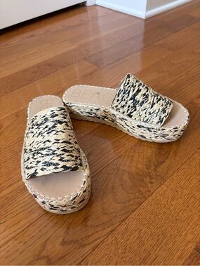 Natural and Black Woven Platform Slide Sandals- Beach by Matisse
